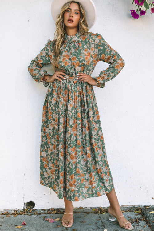 Green Pleated Floral Maxi