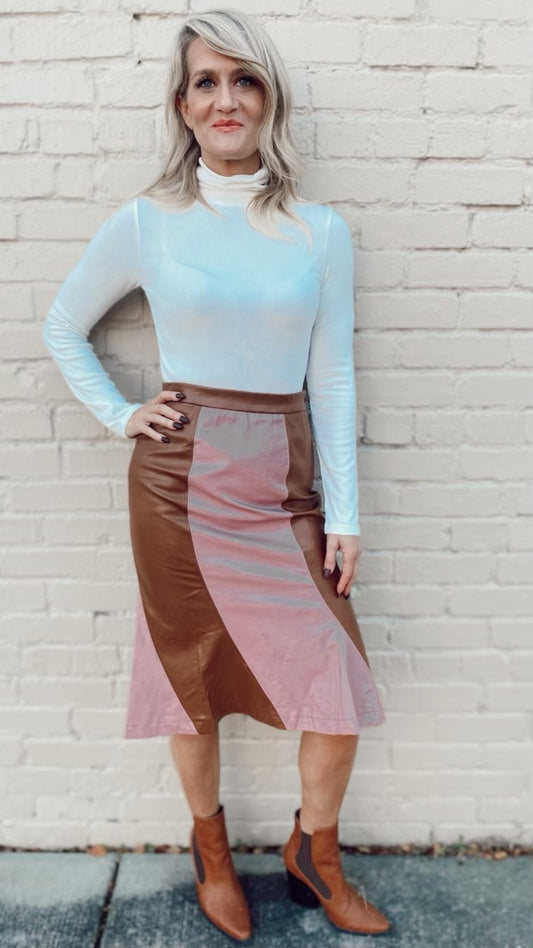 Tan Pink Swirl Faux Leather Skirt